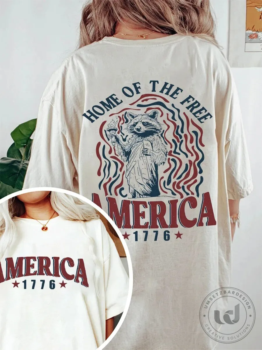 Home of the Free America 1776 Raccoon Statue of Liberty Graphic T-Shirt