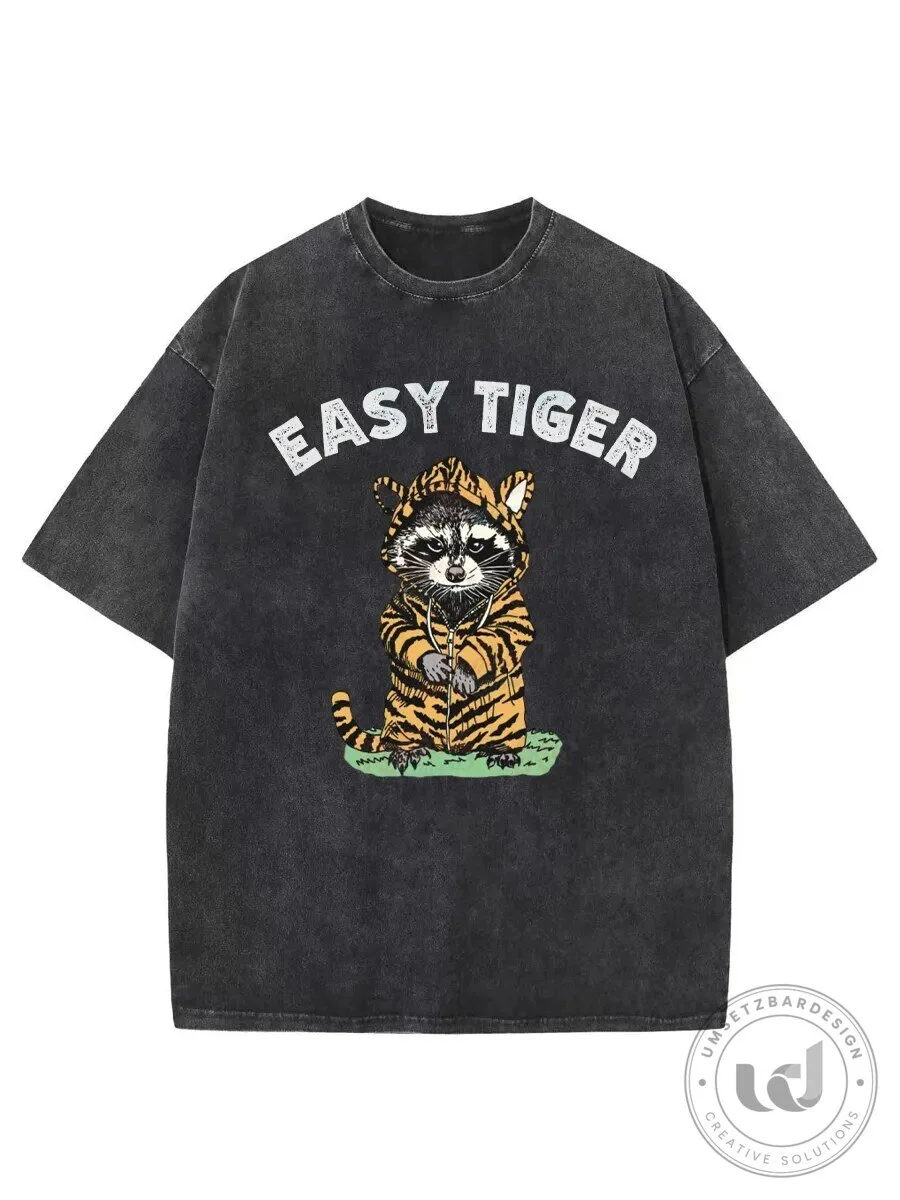 Easy Tiger Raccoon Wearing Tiger Costume Washed Black T-Shirt