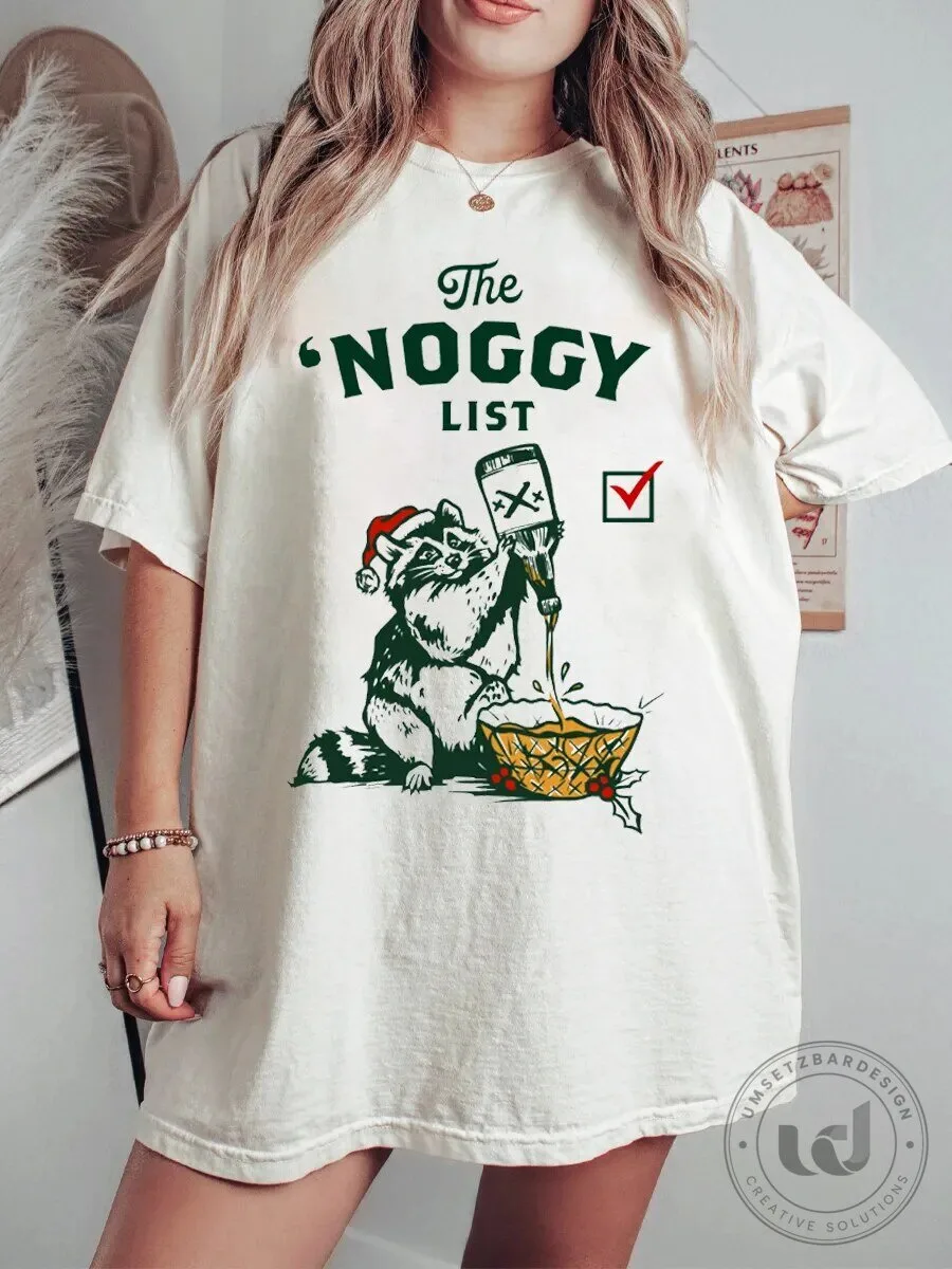 Funny Christmas Noggy List Raccoon Drinking Eggnog Holiday T-Shirt